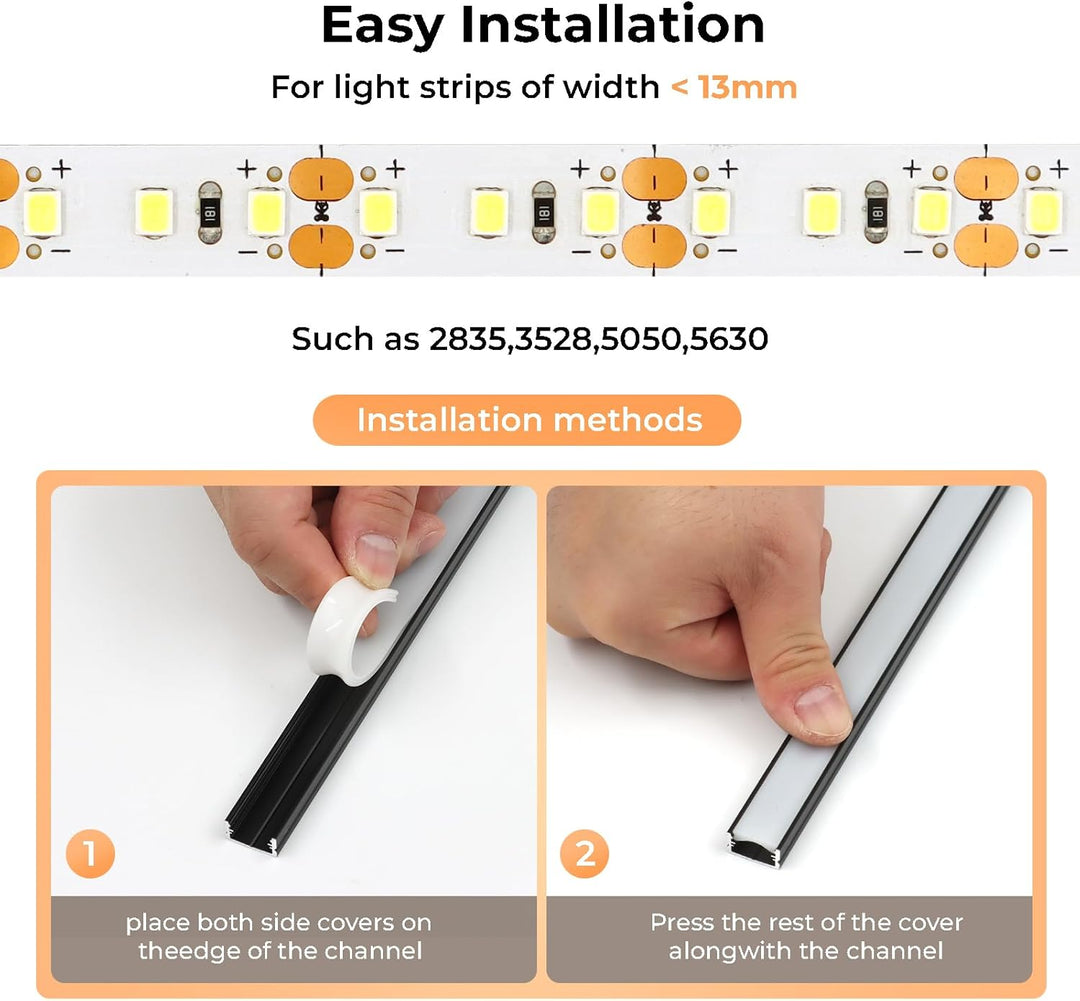 AC10 U-Shaped Aluminum Channel with Plastic or Silicone Diffuser Cover 3.3FT/1M For Max 13mm Width LED Strip Lights Pack of 6/10/20