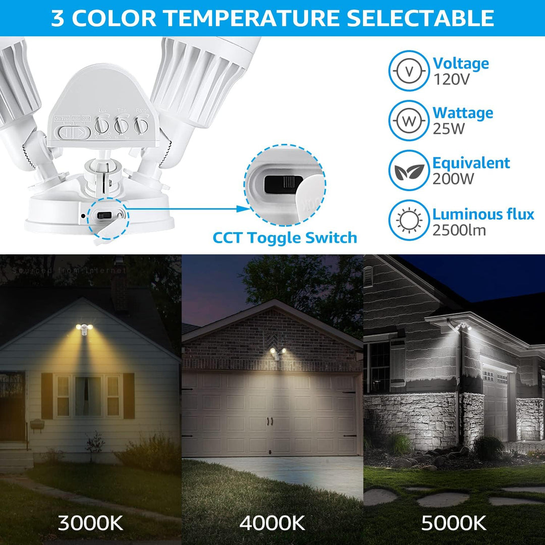 25W Wired Outdoor LED Flood Light, 120V 3CCT 3000K-6000K Tunable Motion-Sensor Security Light 2500LM, IP65