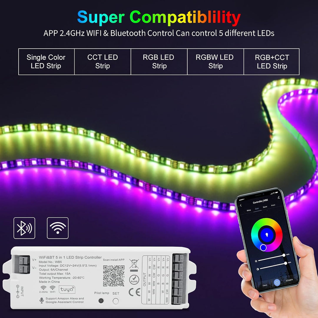 Tira de luces LED Miboxer WL5, controlador 5 en 1 para 5050 3528 2835, Control de aplicaciones para teléfonos inteligentes