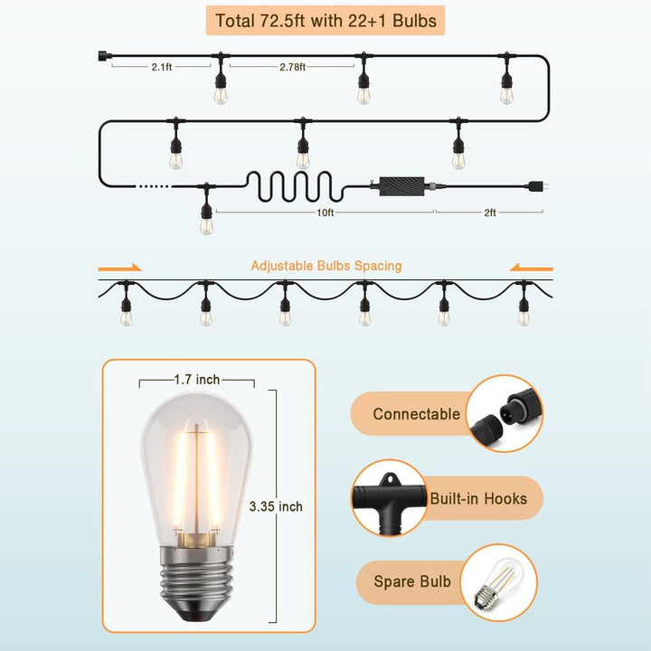 SL102 LED regulable Smart Bistro luces de cadena al aire libre resistente a la intemperie 12V bombillas Edison 