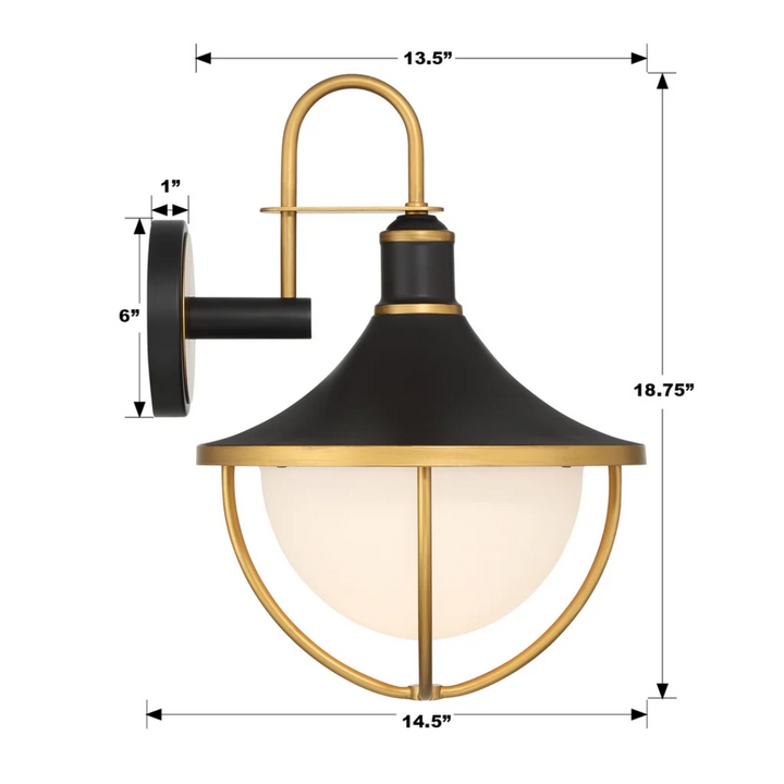 Atlas 1 Light Outdoor Sconce 13.5"x18.75" Stainless Steel and Glass Matte Black with Textured Gold Finish 120V 1 E26 Medium Base LED Bulb Socket for Patio, Garden, Exterior Walls