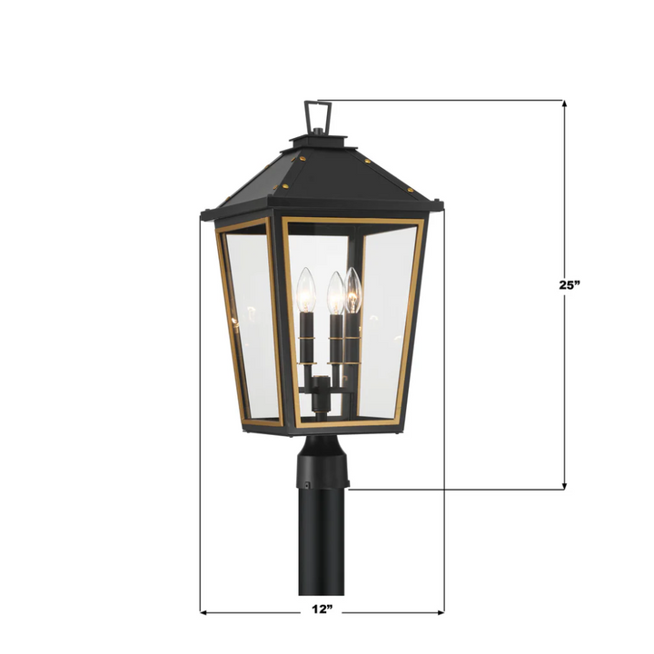 Hawkins 4 Light Outdoor Post Light 12"x25" Stainless Steel and Glass Matte Black with Textured Gold Finish 120V 4 E12 Candelabra Base LED Bulb Sockets Casual Farmhouse Lantern for Patio, Garden, Exterior Posts