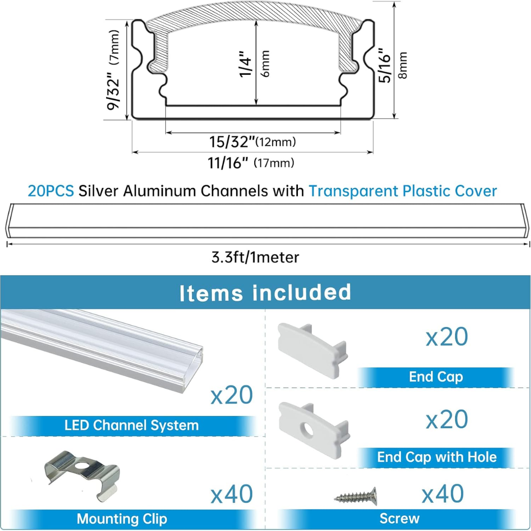 AC11 U-Shaped Rectangular Aluminum Channel with Transparent Clear Plastic Cover 3.3FT/1M or 6.6ft/2M For Max 12mm Width LED Strip Lights Pack of 6/10/20