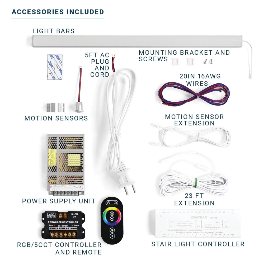 SLMS03 Intelligent LED COB Strip Light Stair Light Kit 10, 16 or 20 Stairs with Remote Control, Motion Sensor, RGB and Tunable 3000K-6000K