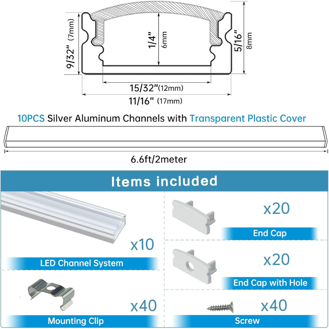 AC11 U-Shaped Rectangular Aluminum Channel with Transparent Clear Plastic Cover 3.3FT/1M or 6.6ft/2M For Max 12mm Width LED Strip Lights Pack of 6/10/20