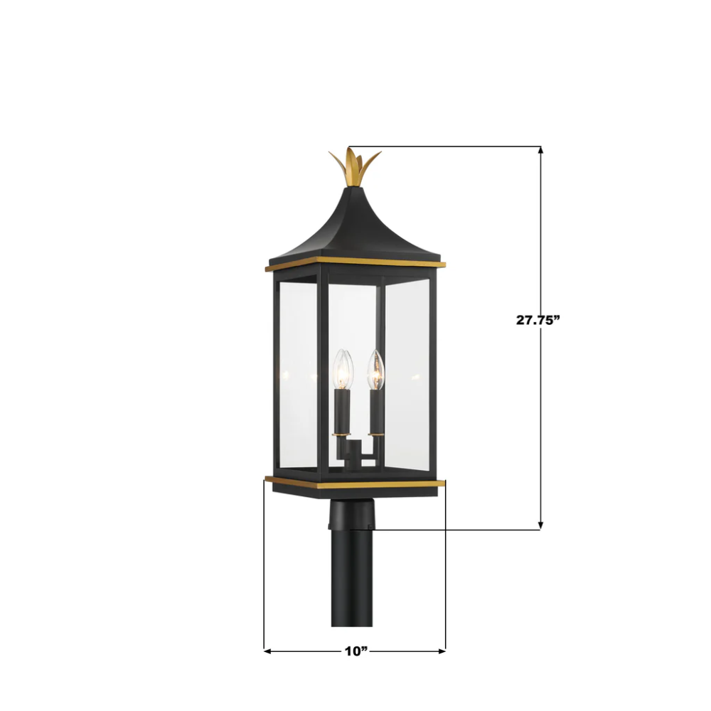 Simpson 3 Light Outdoor Post Light 10"x27.75" Stainless Steel and Glass Matte Black with Textured Gold Finish 120V 3 E12 Candelabra Base LED Bulb Sockets Casual Farmhouse Lantern for Patio, Garden, Exterior Posts