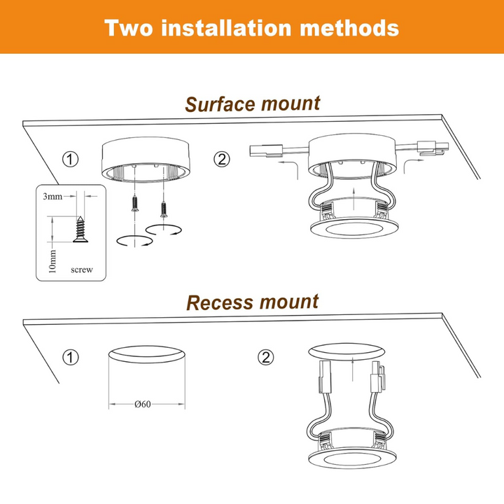 CBA03 3-Pack 2.7W 2.68" 3000K Dimmable Recessed and Surface Mounted Line Voltage 120V Line Voltage Hardwired LED Puck Cabinet Light Cast Aluminum Downlighting 110LM/130LM Package