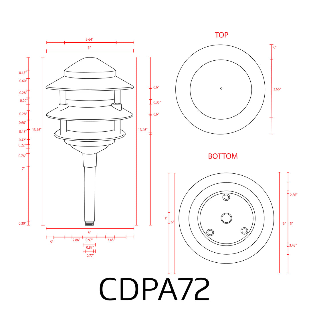 CDPA72 Black 12V AC/DC Aluminum Low Voltage Landscape Lighting 3 Tier Pagoda Path Light