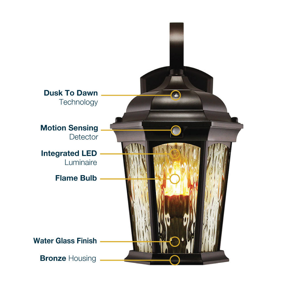 Aluminum LED Wall Flame Lantern with Water Glass 12.5W 1200lm 3000K with Flame Bulb Effect Fixture with Photocell and Motion Sensor Integrated LED Line Voltage 120V AC IP65 Waterproof