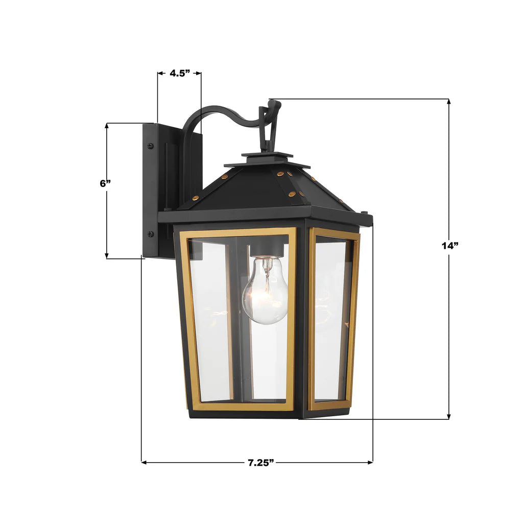 Hawkins 1 Light Outdoor Sconce 7.25"x14" Stainless Steel and Glass Matte Black with Textured Gold Finish 120V E26 LED Bulb Socket for Patio, Garden, Exterior Walls