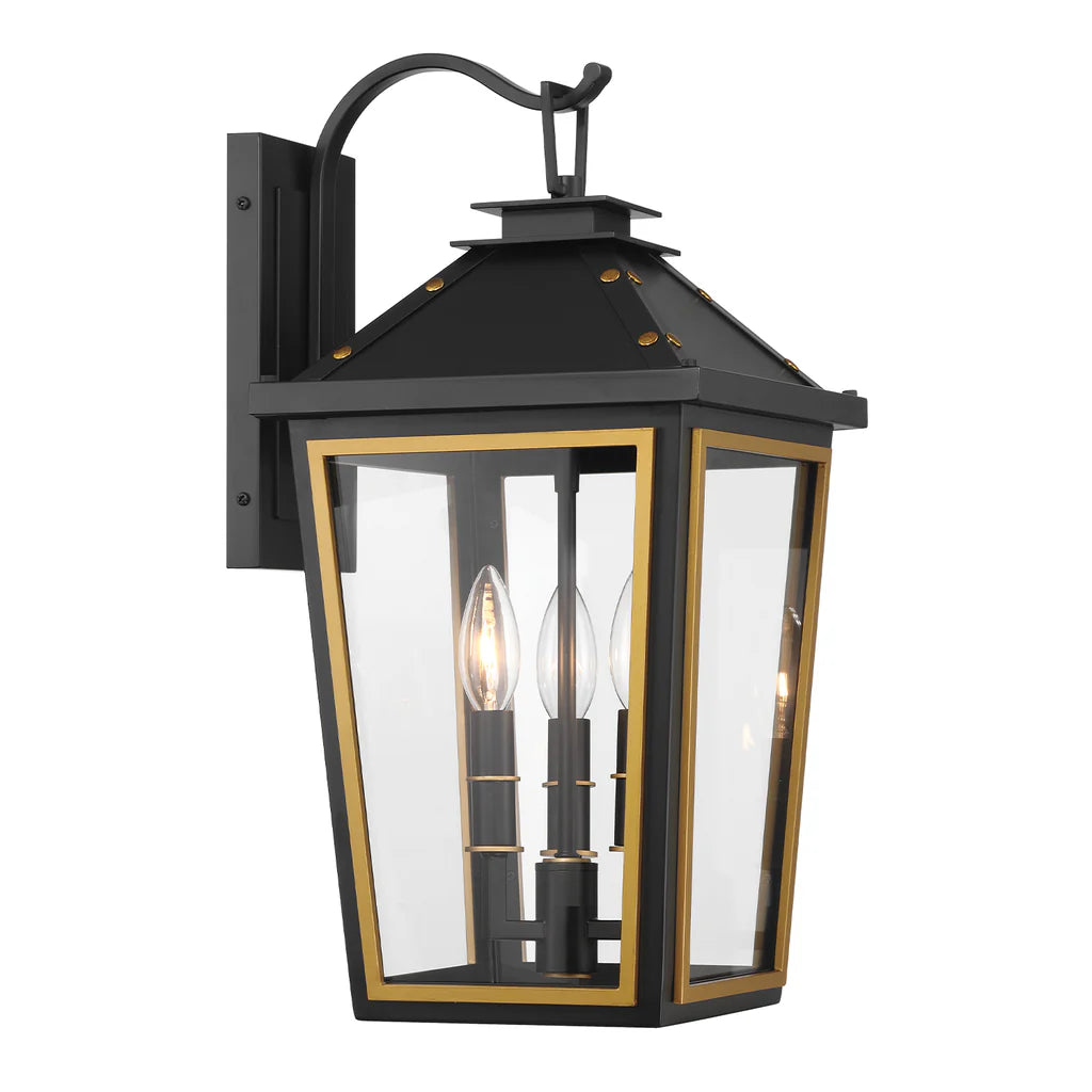 Hawkins 3 Light Outdoor Sconce 9.5"x19.5" Stainless Steel and Glass Matte Black with Textured Gold Finish 120V 3 E12 Candelabra Base LED Bulb Sockets for Patio, Garden, Exterior Walls