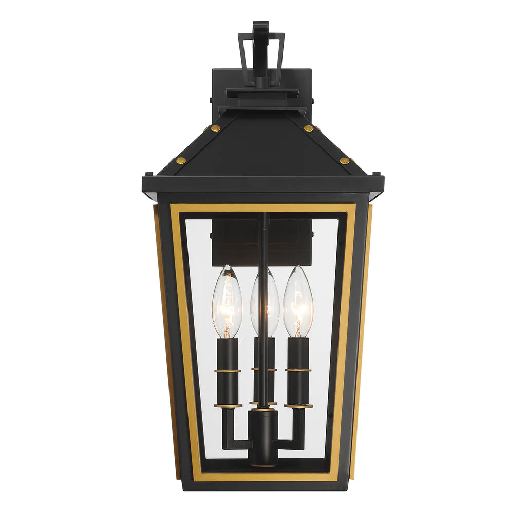 Hawkins 3 Light Outdoor Sconce 9.5"x19.5" Stainless Steel and Glass Matte Black with Textured Gold Finish 120V 3 E12 Candelabra Base LED Bulb Sockets for Patio, Garden, Exterior Walls