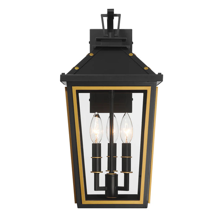 Hawkins 3 Light Outdoor Sconce 9.5"x19.5" Stainless Steel and Glass Matte Black with Textured Gold Finish 120V 3 E12 Candelabra Base LED Bulb Sockets for Patio, Garden, Exterior Walls