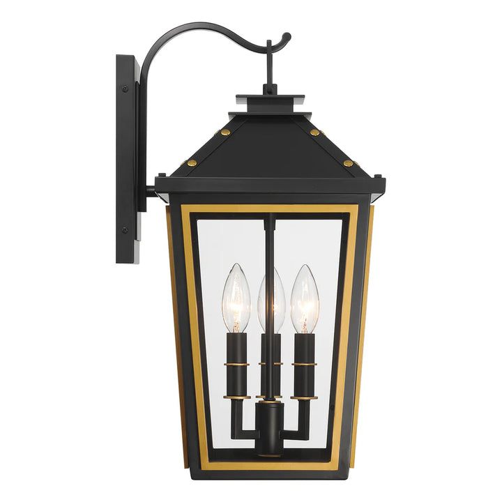 Hawkins 3 Light Outdoor Sconce 9.5"x19.5" Stainless Steel and Glass Matte Black with Textured Gold Finish 120V 3 E12 Candelabra Base LED Bulb Sockets for Patio, Garden, Exterior Walls