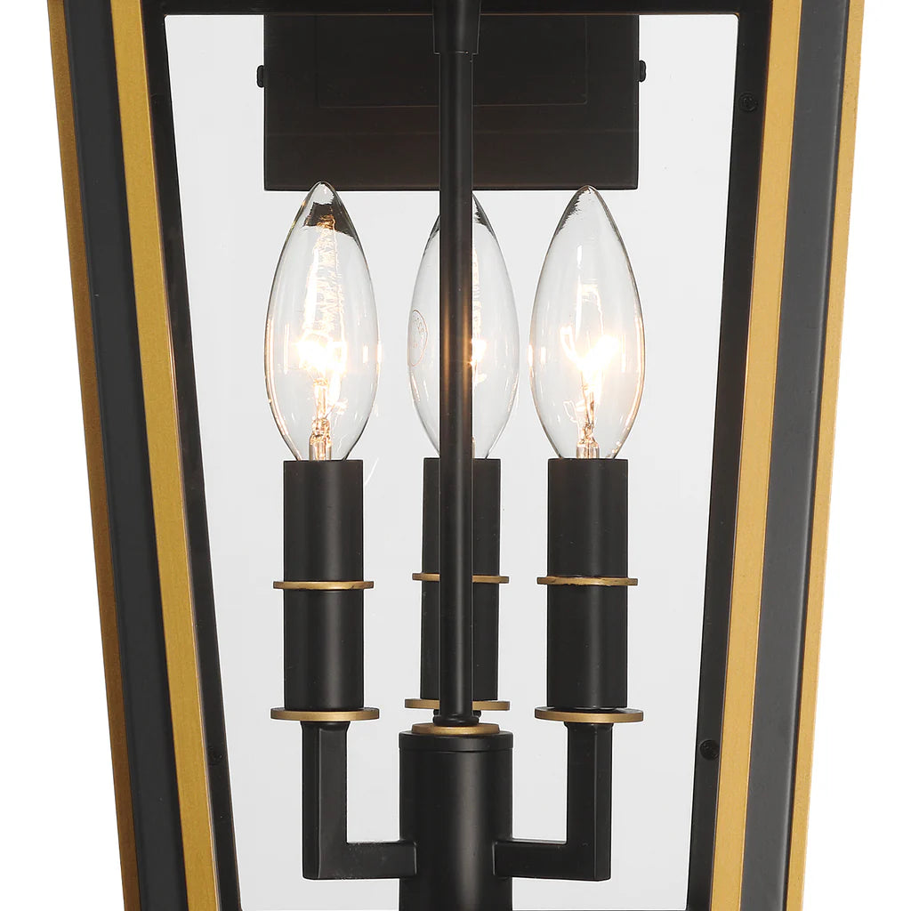 Hawkins 3 Light Outdoor Sconce 9.5"x19.5" Stainless Steel and Glass Matte Black with Textured Gold Finish 120V 3 E12 Candelabra Base LED Bulb Sockets for Patio, Garden, Exterior Walls