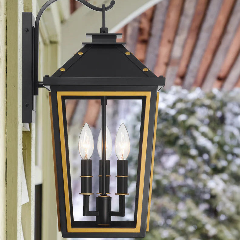 Hawkins 3 Light Outdoor Sconce 9.5"x19.5" Stainless Steel and Glass Matte Black with Textured Gold Finish 120V 3 E12 Candelabra Base LED Bulb Sockets for Patio, Garden, Exterior Walls