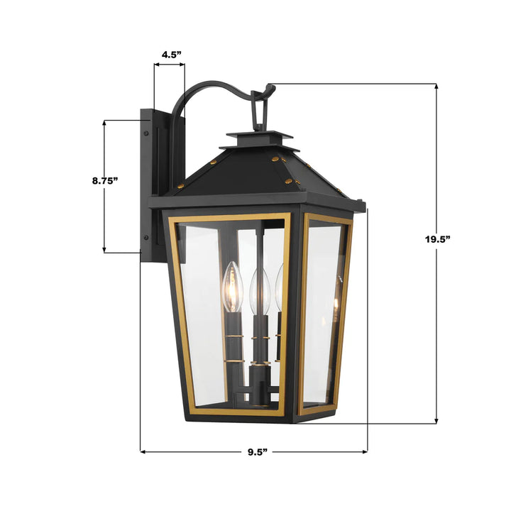 Hawkins 3 Light Outdoor Sconce 9.5"x19.5" Stainless Steel and Glass Matte Black with Textured Gold Finish 120V 3 E12 Candelabra Base LED Bulb Sockets for Patio, Garden, Exterior Walls