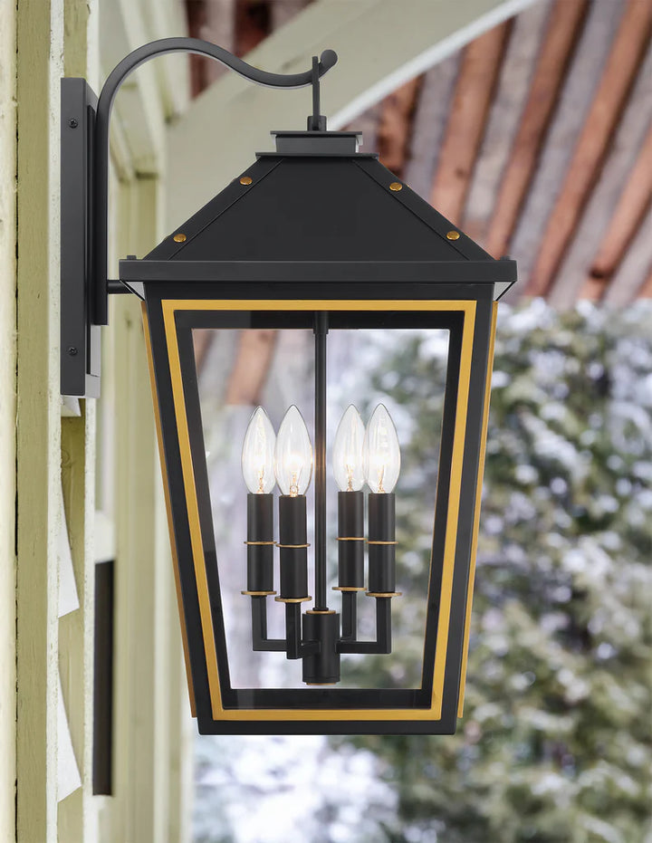 Hawkins 4 Light Outdoor Sconce 12"x22.5" Stainless Steel and Glass Matte Black with Textured Gold Finish 120V 4 E12 Candelabra Base LED Bulb Sockets for Patio, Garden, Exterior Walls