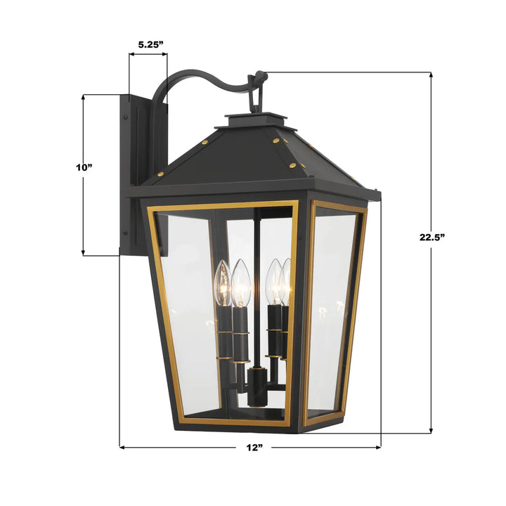 Hawkins 4 Light Outdoor Sconce 12"x22.5" Stainless Steel and Glass Matte Black with Textured Gold Finish 120V 4 E12 Candelabra Base LED Bulb Sockets for Patio, Garden, Exterior Walls