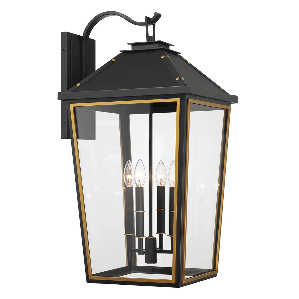 Hawkins 4 Light Outdoor Sconce 15"x29.75" Stainless Steel and Glass Matte Black with Textured Gold Finish 120V 4 E12 Candelabra Base LED Bulb Sockets for Patio, Garden, Exterior Walls