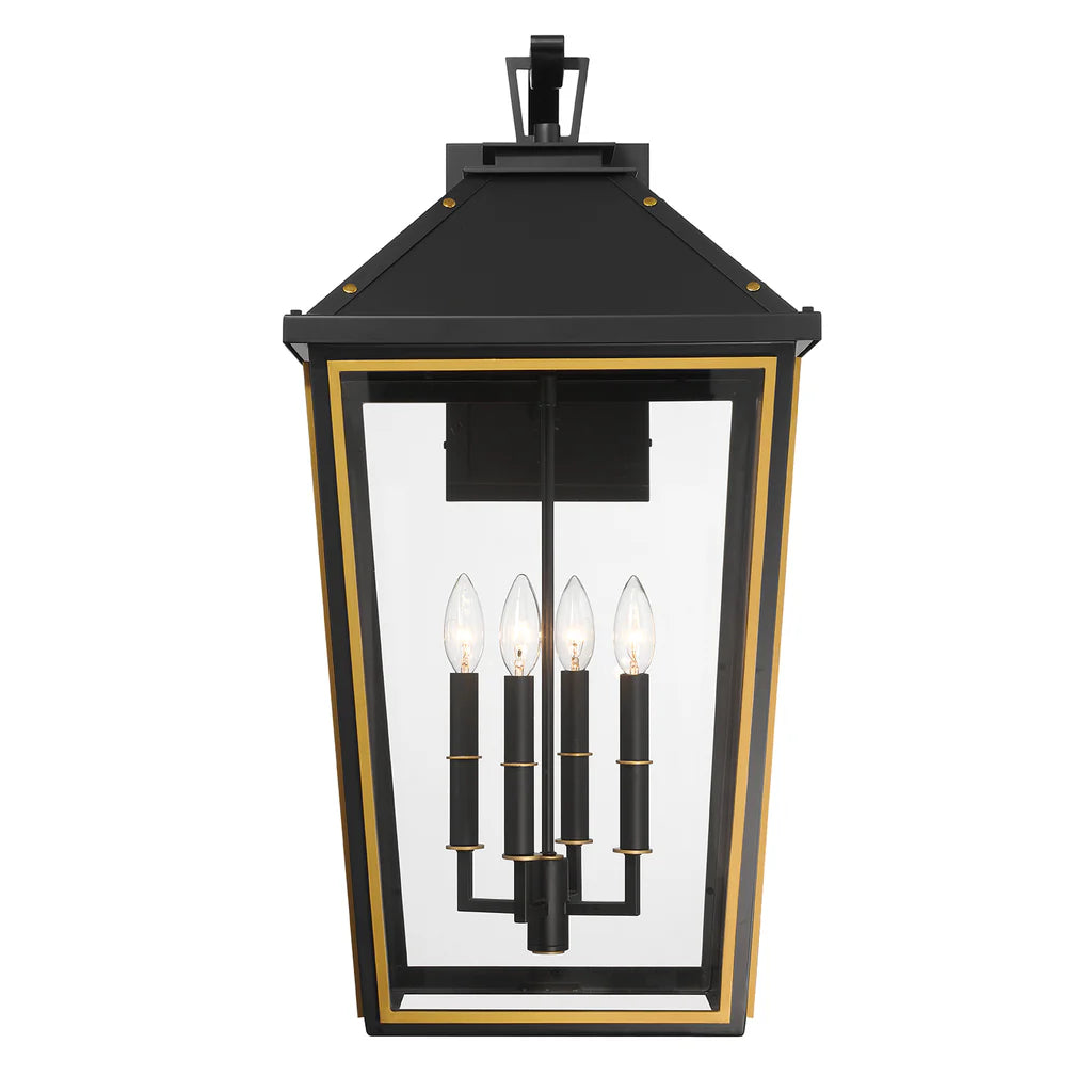 Hawkins 4 Light Outdoor Sconce 15"x29.75" Stainless Steel and Glass Matte Black with Textured Gold Finish 120V 4 E12 Candelabra Base LED Bulb Sockets for Patio, Garden, Exterior Walls