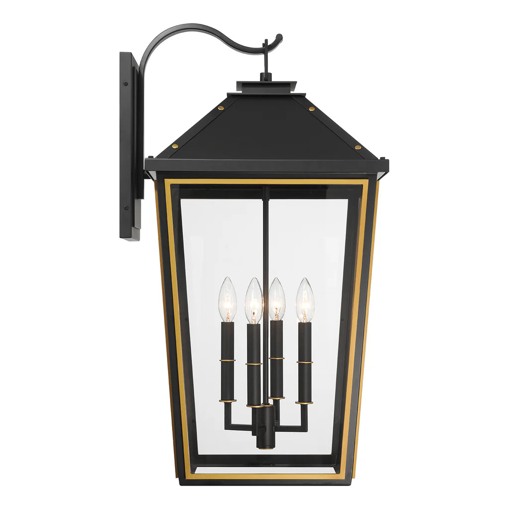 Hawkins 4 Light Outdoor Sconce 15"x29.75" Stainless Steel and Glass Matte Black with Textured Gold Finish 120V 4 E12 Candelabra Base LED Bulb Sockets for Patio, Garden, Exterior Walls