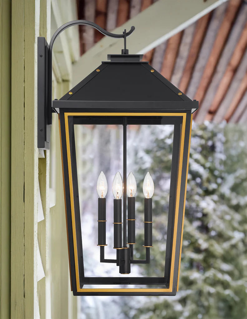 Hawkins 4 Light Outdoor Sconce 15"x29.75" Stainless Steel and Glass Matte Black with Textured Gold Finish 120V 4 E12 Candelabra Base LED Bulb Sockets for Patio, Garden, Exterior Walls