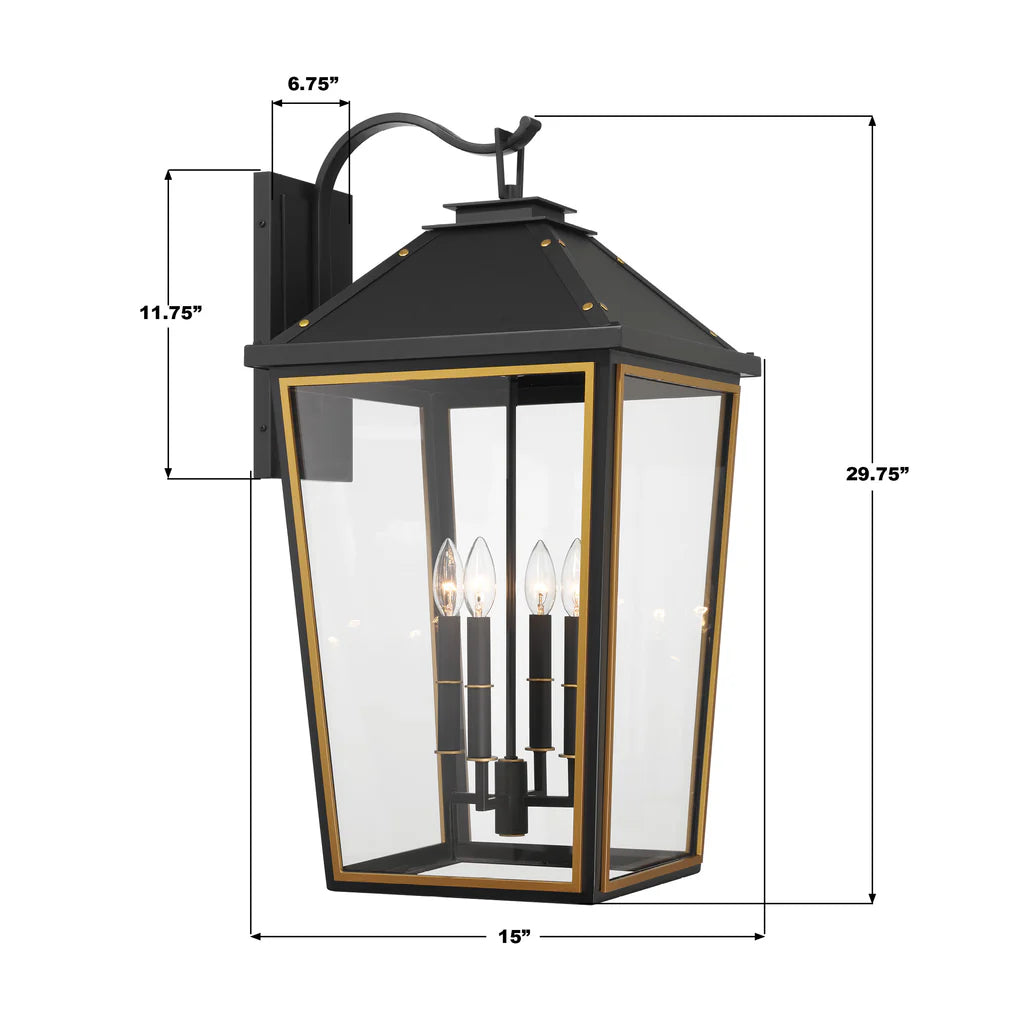 Hawkins 4 Light Outdoor Sconce 15"x29.75" Stainless Steel and Glass Matte Black with Textured Gold Finish 120V 4 E12 Candelabra Base LED Bulb Sockets for Patio, Garden, Exterior Walls