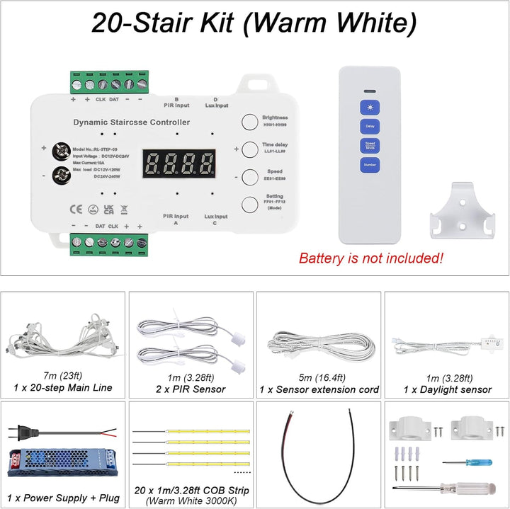 SLMS01 Intelligent Motion Sensor LED COB Strip Light Stair Light Kit 16 or 20 Stairs, Step by Step Control with Remote PIR & Light Sensor Control