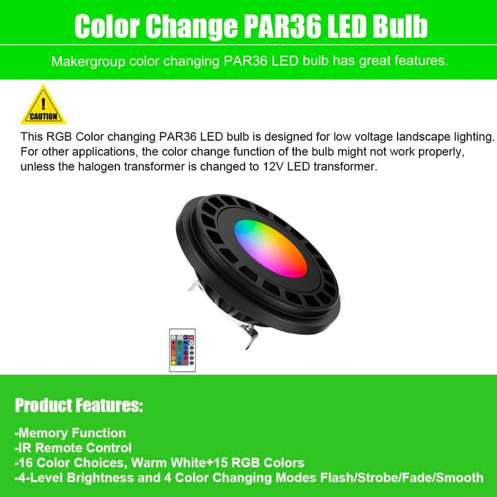 PAR36 7W LED RGBW, Remote Controlled, dimmable, IP67 waterproof Low Voltage Bulbs