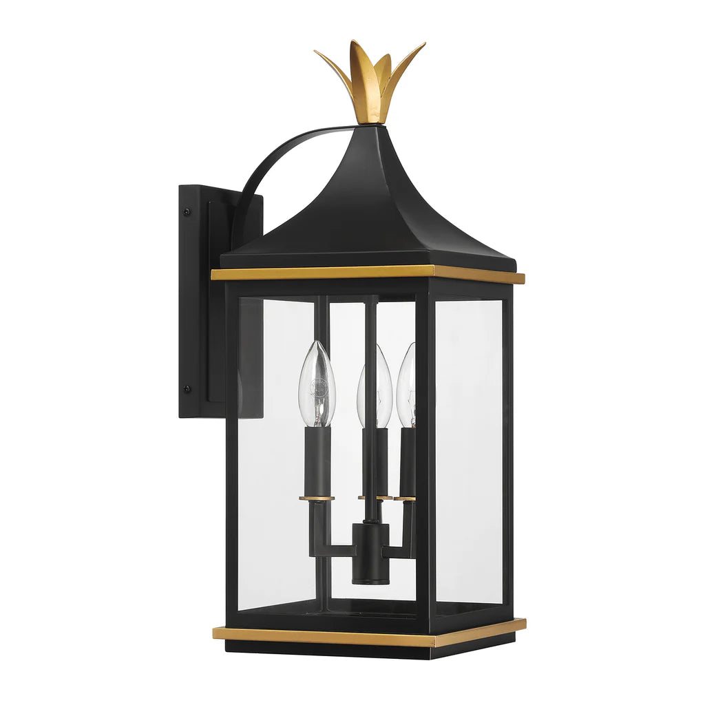 Simpson 3 Light Outdoor Sconce 8.25"x19.75" Stainless Steel and Glass Matte Black with Textured Gold Finish 120V 3 E12 Candelabra Base LED Bulb Sockets for Patio, Garden, Exterior Walls