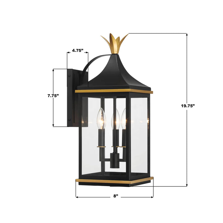 Simpson 3 Light Outdoor Sconce 8.25"x19.75" Stainless Steel and Glass Matte Black with Textured Gold Finish 120V 3 E12 Candelabra Base LED Bulb Sockets for Patio, Garden, Exterior Walls