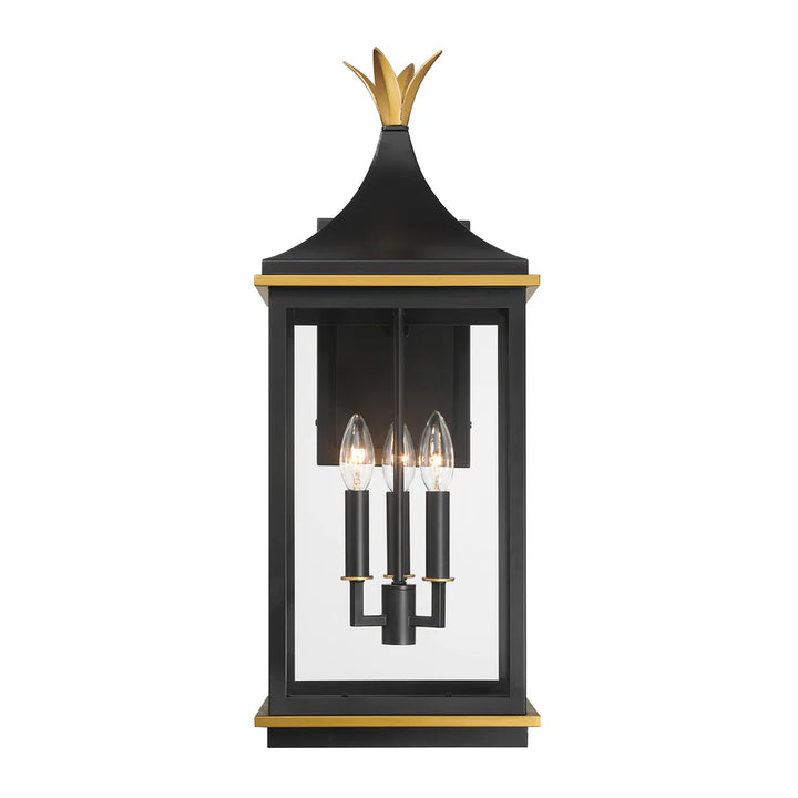 Simpson 3 Light Outdoor Sconce 10"x25" Stainless Steel and Glass Matte Black with Textured Gold Finish 120V 3 E12 Candelabra Base LED Bulb Sockets for Patio, Garden, Exterior Walls