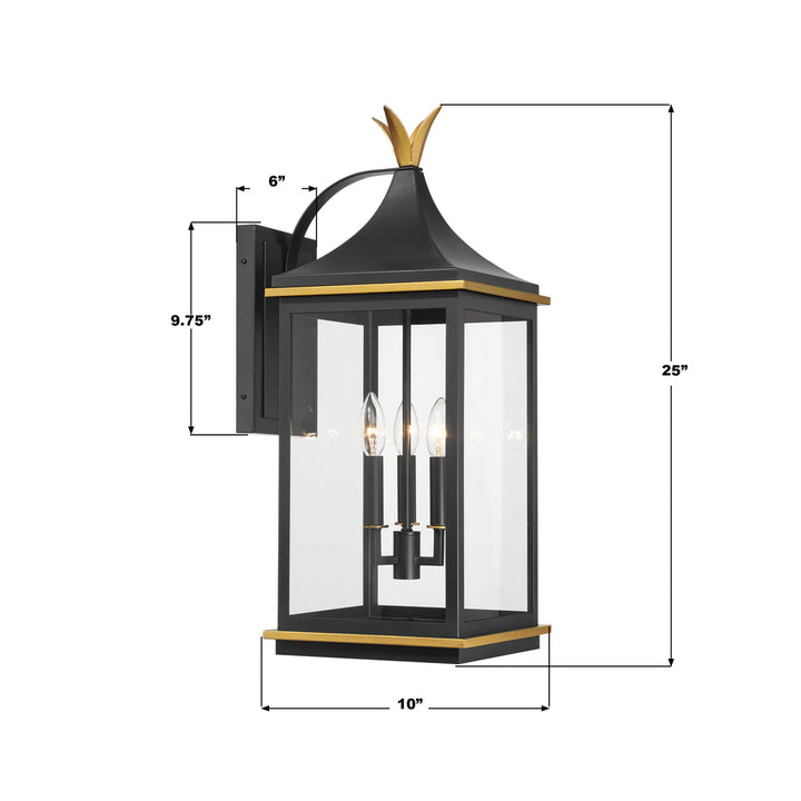 Simpson 3 Light Outdoor Sconce 10"x25" Stainless Steel and Glass Matte Black with Textured Gold Finish 120V 3 E12 Candelabra Base LED Bulb Sockets for Patio, Garden, Exterior Walls