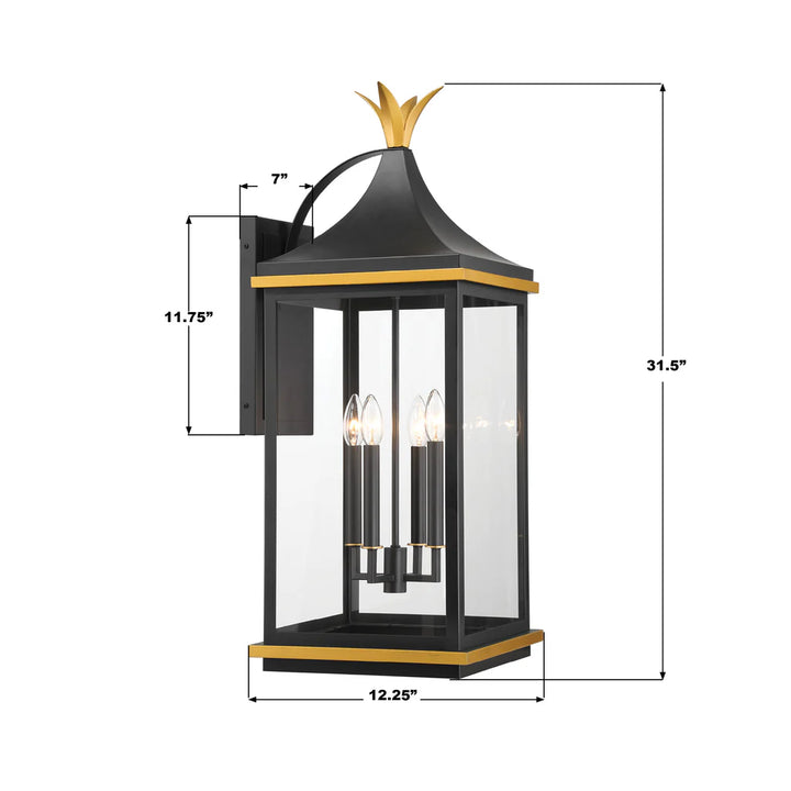 Simpson 4 Light Outdoor Sconce 12.25"x31.5" Stainless Steel and Glass Matte Black with Textured Gold Finish 120V 4 E12 Candelabra Base LED Bulb Sockets for Patio, Garden, Exterior Walls